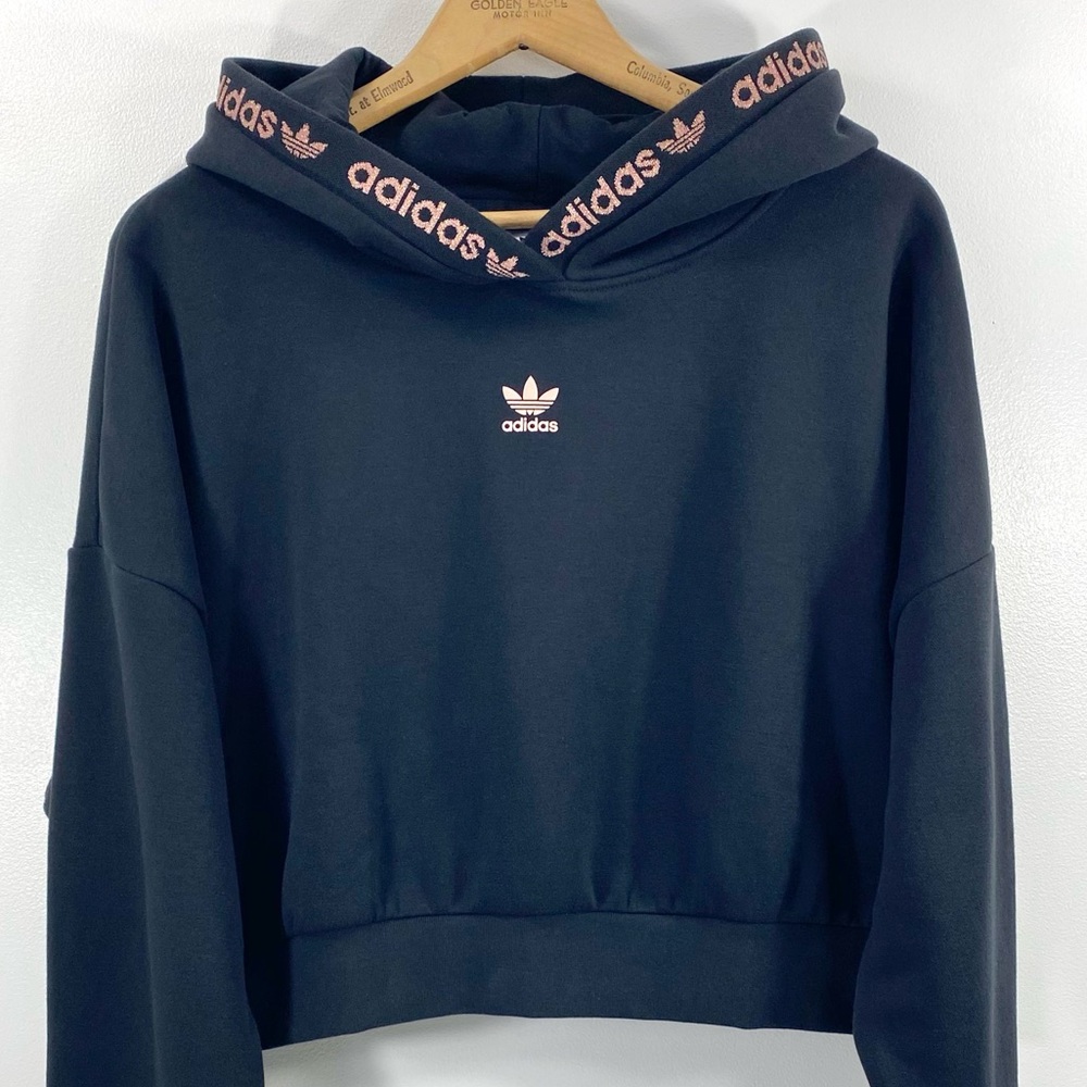 Adidas Originals Black Cropped Oversized Hoodie Sweatshirt with Rose Gold Logo M